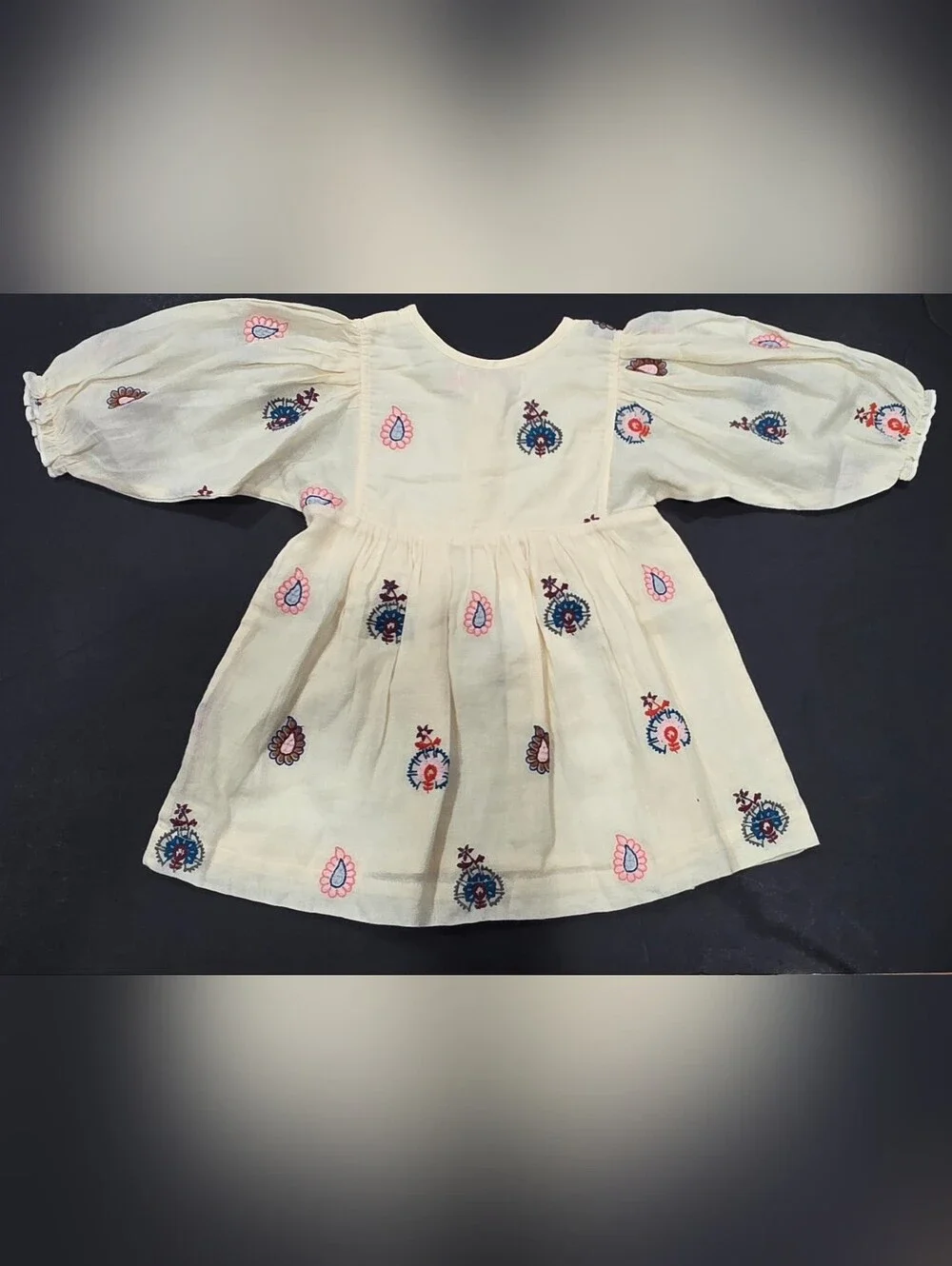 Pink Chicken Ava Bella Cream Embroidered Puff-Sleeve Dress w Multicolor Motifs